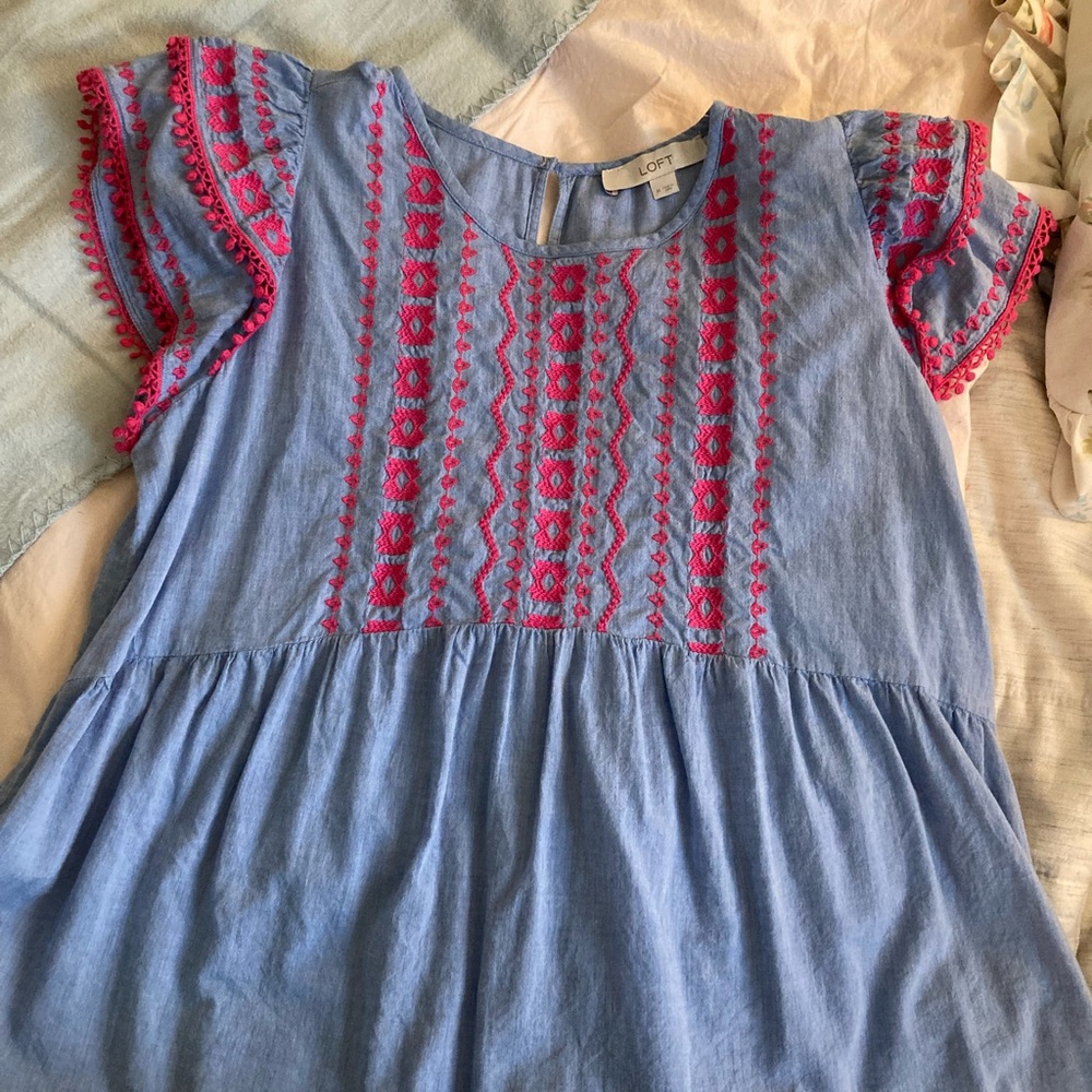 LOFT Blue Cotton Top with White Stitching